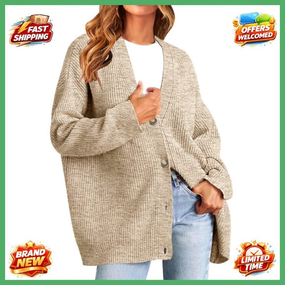 Sweaters - Oversized V Neck Cardigan Open Front Loose Knit Soft Fall Sweater Chic